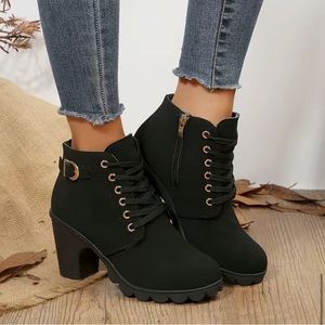 Black Nubuck Lace-Up Chunky Block Cone High Heel Ankle Boots Solid ColorSide Zip